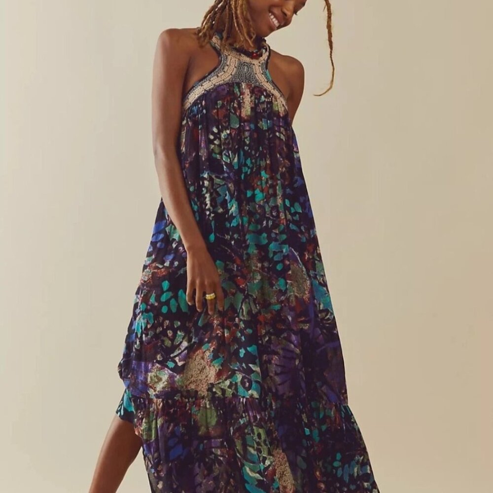 Free People Monarch Maxi Dress Size Womens Large Crochet Halter Neckline Lined
